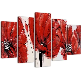 Leinwandbild 5 teilig, Rote Acrylblumen 