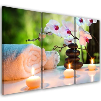 Leinwandbild 3-teilig, Handtuch Blumen Kerzen 