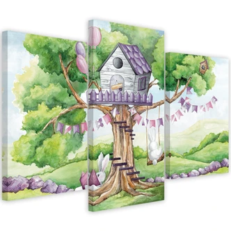 Leinwandbild 3 teilig, Weiße Kaninchen Hütte auf dem Baum 