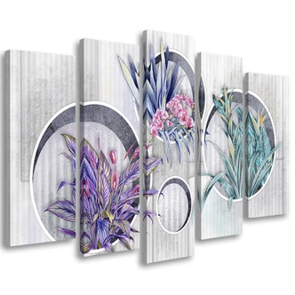 Leinwandbild 5 teilig, Quadratkisten Regale mit Blumen 