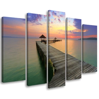 Leinwandbild 5 teilig, Steg See Himmel Lila 