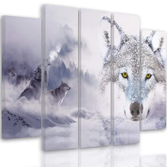 Wandbild 5-teilig, Wolf Nebel Wald Grau 