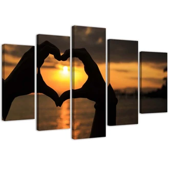 Wandbild 5-teilig, Hände zu einem Herz geformt Sonnenuntergäng 