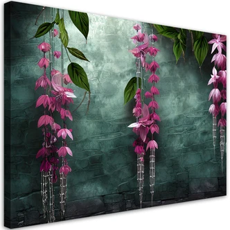 Leinwandbild, Hängende Blätter und Blumen auf grünem Hintergrund 