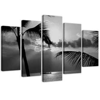 Wandbild 5-teilig, Meer Palmen Schwarz und Weiß 