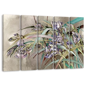 Leinwandbild 5 teilig, Iris Blumen im Wind 