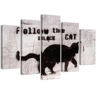 Leinwandbild 5 teilig, Schwarze Katze Textur Beton 