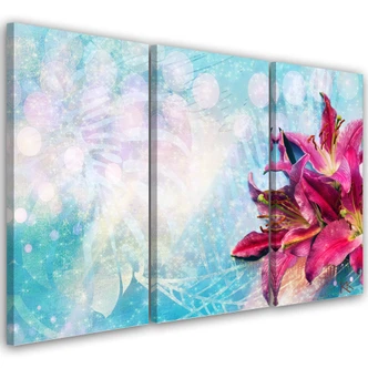 Leinwandbild 3 teilig, Rosa Blumen auf blauem Hintergrund 