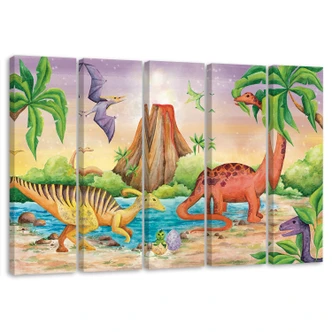 Leinwandbild 5 teilig, Dinosaurier am See 
