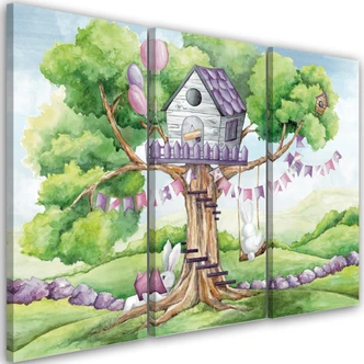 Leinwandbild 3 teilig, Weiße Kaninchen Hütte auf dem Baum 