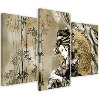 Leinwandbild 3 teilig, Geisha und Bambus 