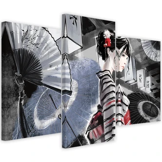 Leinwandbild 3 teilig, Geisha mit einem Fan 