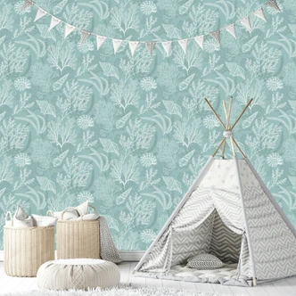 Non-woven wallpaper in white, green shells underwater graphic nature  