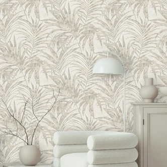 Vliestapete mit schimmerndem und strukturiertem Blattmotiv weiß, grau, beige Floral 