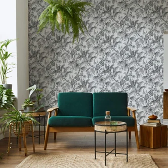 Vliestapete mit Pflanzen im Dschungel-Style weiß, schwarz Floral 