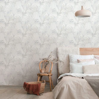 Vliestapete mit Blattmotiv auf Strukturbasis weiß, beige Floral 