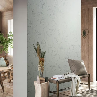 Vliestapete mit gezeichneten Gesichtern grau, beige Textiloptik 