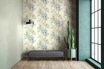 Non-woven tapet i beige grøn træer blade jungle blomster natur  