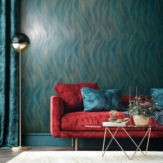 Vliesbehang in groen, goud golf look textuur grafisch modern  
