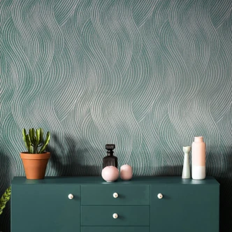 Tapeta z włókniny w kolorze zielonym, srebrna fala o wyglądzie tekstury, nowoczesna grafika  