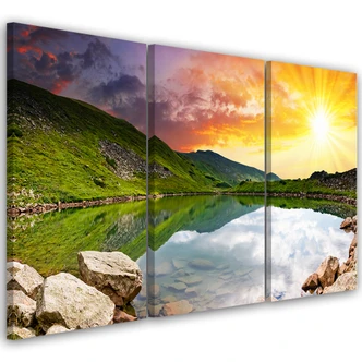 3 stykke lærredstryk, Sunset Landscape Lake 