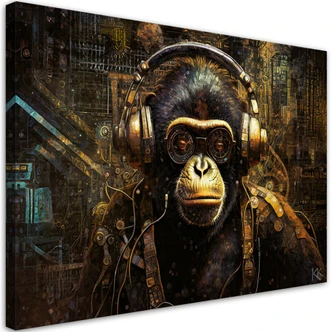 Canvasbillede, Chimpanse med hovedtelefoner 