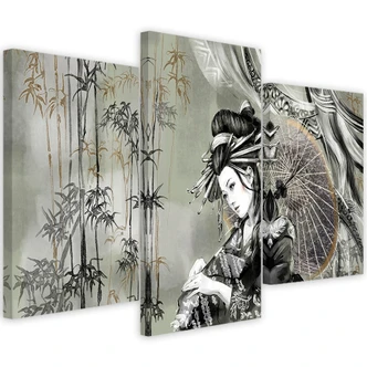 Leinwandbild 3 teilig, Geisha und Bambus 