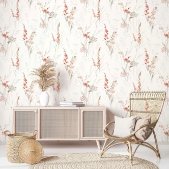 Vliestapete Blumen, Blätter Floral Natur matt in Weiß Rot 