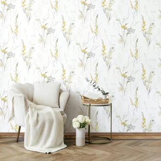 Vliestapete Blumen, Blätter Floral Natur matt in Weiß Gelb 