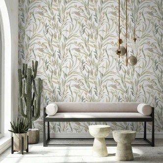 Vliestapete Blätter Floral Natur matt in Weiß Grau Beige 