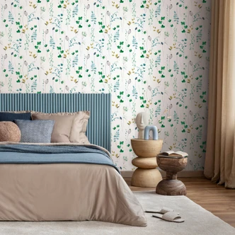 Vliestapete Blätter, Äste Floral Natur matt in Weiß Grün 