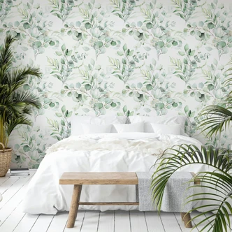 Vliestapete Blätter, Äste Floral Natur matt in Weiß Grün 