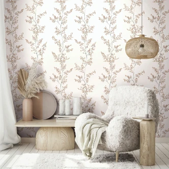 Vliestapete Blätter, Äste Floral Natur matt in Weiß Beige 