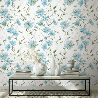 Icke-vävd tapet blommor, blad blommig natur matt i vitt grönt blått 