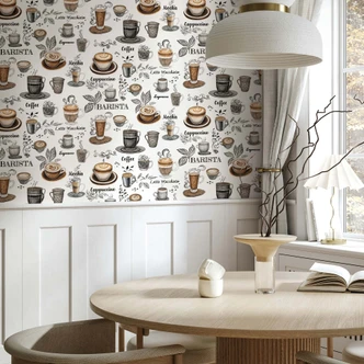 Icke-vävd tapet kaffemotiv grafisk modern matt i vitt 