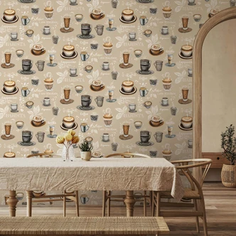 Icke-vävd tapet kaffemotiv grafisk modern matt i beige 
