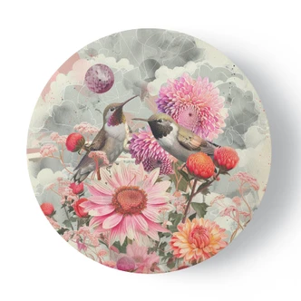 Rundes Leinwandbild Bunte Blumen und Kolibris 