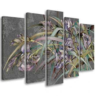 Leinwandbild 5 teilig, Iris Blumen im Wind 