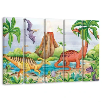 Leinwandbild 5 teilig, Dinosaurier am See 