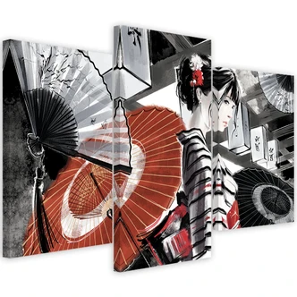 Leinwandbild 3 teilig, Geisha mit einem Fan 