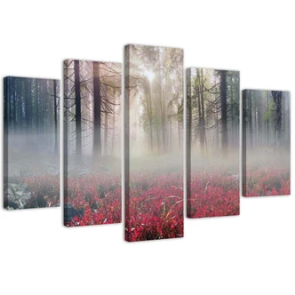 Leinwandbild 5 teilig, Nebel Wald Lichtung Blumen 