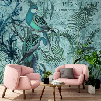 Fototapete, Dschungel Blaue Vögel auf Zweigen - Andrea Haase 