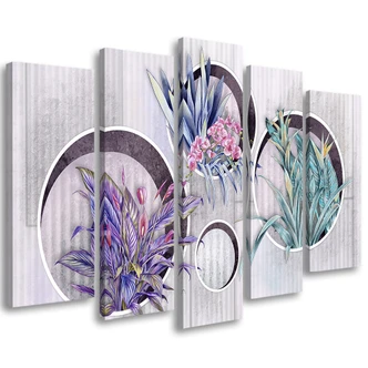 Leinwandbild 5 teilig, Quadratkisten Regale mit Blumen 