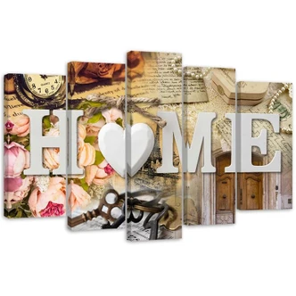 Wandbild 5-teilig, Home Herz Retro Aufschrift 