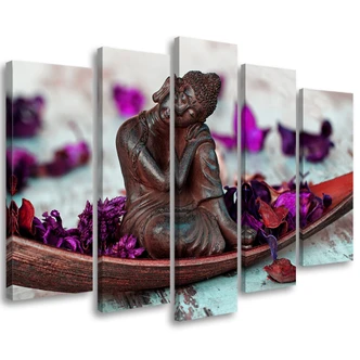 Leinwandbild 5 teilig, Buddha Blumen Zen Lila 