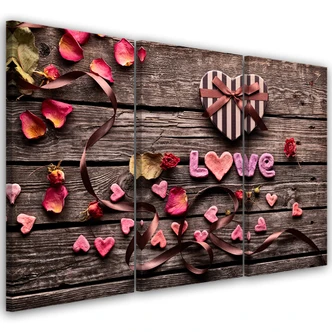 Tableau sur Toile en 3 parties Coeur Amour Fleurs Vintage 