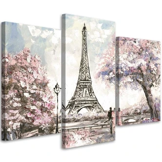 Leinwandbild 3-teilig, Eiffelturm Paris Rosa Gemalt 