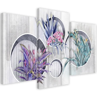 Leinwandbild 3 teilig, Quadratkisten Regale mit Blumen 