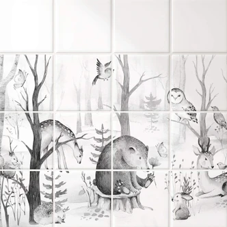 Sticker carrelage Kvilis - Amis des animaux dans la forêt noir et blanc - Set de 12 