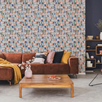 Papier peint intissé vert bleu orange formes modernes graphique géométrique  